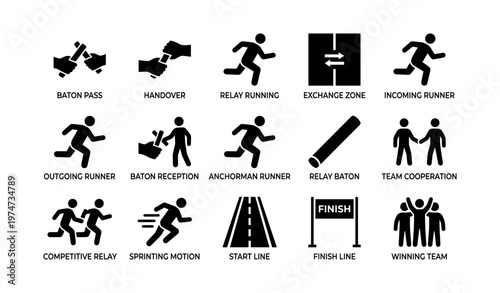 Relay race icons: baton pass, running, start and finish line, teamwork symbols