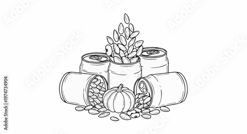 A pumpkin sits among cans overflowing with seeds, with more falling