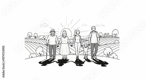 A multi-generational family walks hand-in-hand through a rural landscape