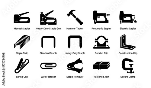 Icon set of various staplers and fasteners for office and construction use