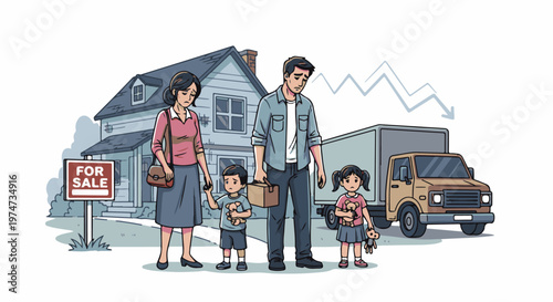 A distressed family stands with a moving truck and house for sale