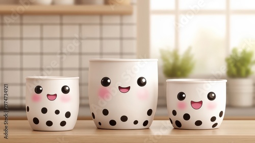 Cute Boba Tea Cups with Happy Faces on a Wooden Table