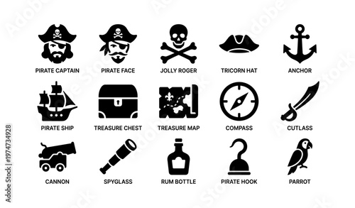 Pirate icons collection featuring ships, treasure chests, maps, and cannons
