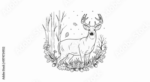 Whitetail buck with antlers stands in forest with falling leaves and acorns