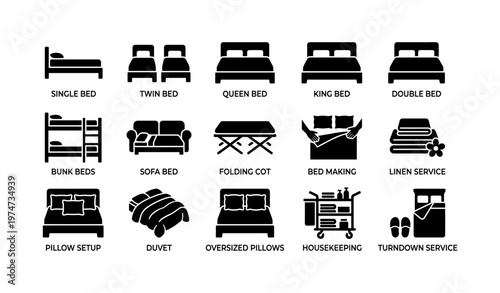 Bed and linen icons: single, twin, queen, king, double, bunk, sofa, folding cot, bed making