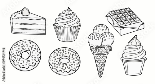 A collection of black and white line drawings of sweet treats