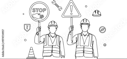 Continuous one line of a road worker lifting a sign, work safety symbol, style hand drawing vector illustration.