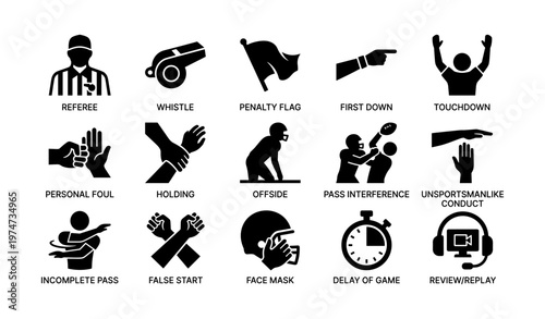 American football symbols: referee, whistle, touchdown, penalty flag icons
