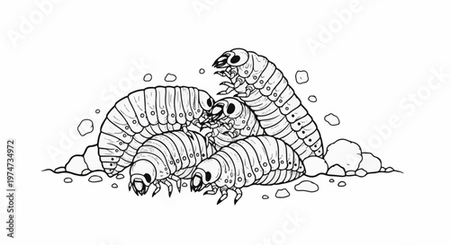 A detailed black and white illustration of a group of plump grubs amidst small stones