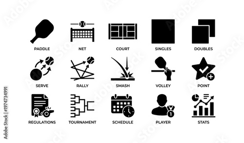 Table tennis icons: paddle, net, court, singles, doubles, serve, rally, smash, volley