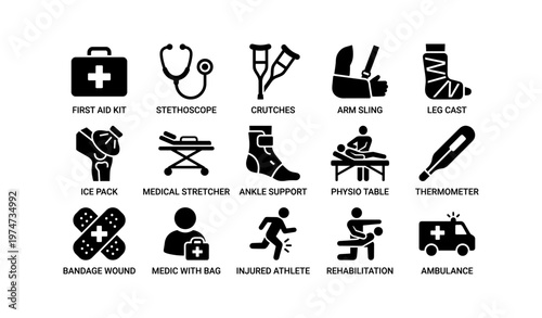 Medical icons set featuring emergency and rehabilitation tools