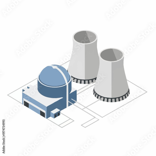 Isometric Nuclear Power Plant with Cooling Towers.