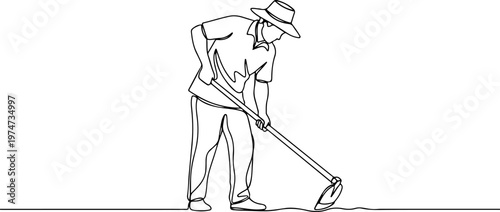 Continuous one line of a farmer hoeing the land, a symbol of diligence and agriculture, style hand drawing vector illustration.