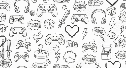 A playful, pixelated, digital art pattern of gaming icons and symbols