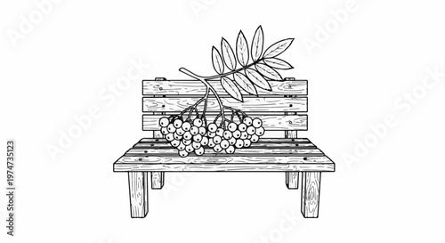 A rustic wooden bench with a branch of berries and leaves resting on it