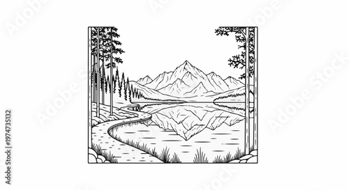 A serene mountain landscape with a winding path and reflective lake