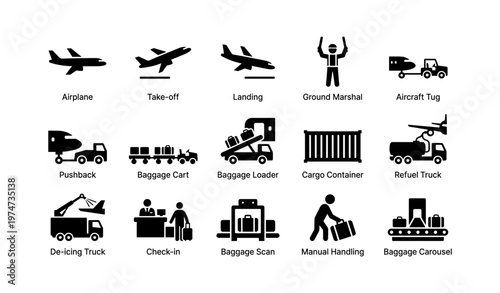 Airport icon set: airplane, ground operations, baggage handling, safety procedures