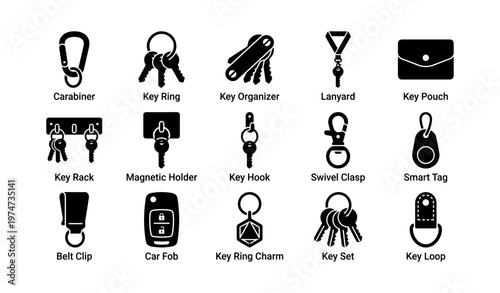 Various key holders and accessories collection in black silhouettes