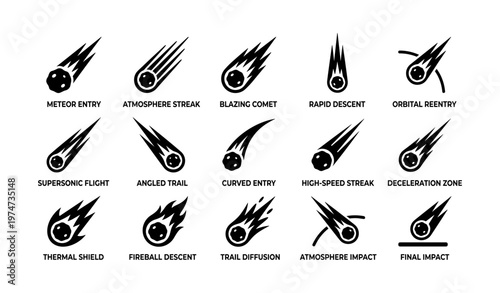 Meteor entry icons: comet trails and impact symbols