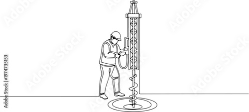 Continuous one line of a worker drilling the ground, exploration and industry symbol, style hand drawing vector illustration.