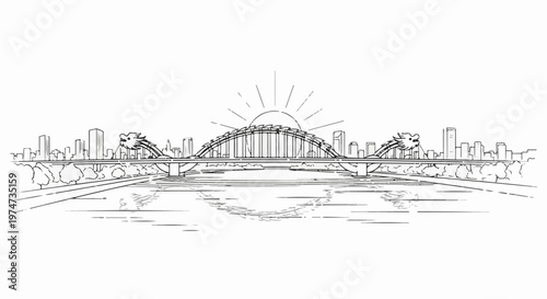 A sketch depicts a city skyline with a dragon-themed bridge spanning a river at sunset