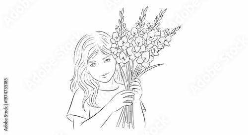 A sketch of a young girl holding a bouquet of flowers