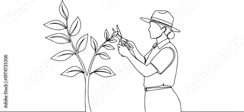 Continuous one line of a park ranger pruning plants, symbolizing beauty and care, style hand drawing vector illustration.