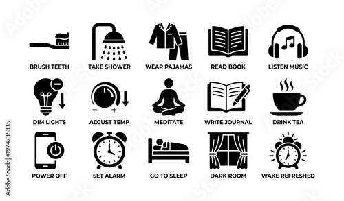 Nighttime routine icons displaying bedtime activities in simplistic black and white