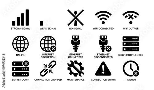 Network connection icons: signal, wifi, ethernet, server, maintenance, error, timeout