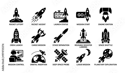 Space exploration icons: rockets, launch, shuttle, planetary exploration, space missions