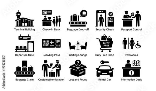 Airport icons: terminal, security, duty-free, baggage, information
