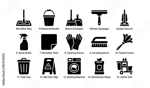 Essential cleaning tools and equipment icons for home and office maintenance