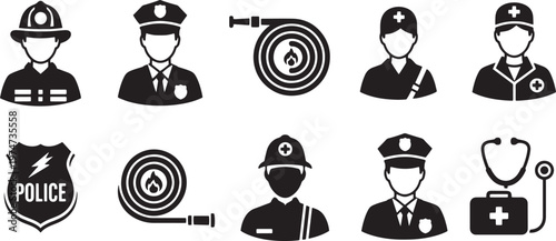 Vector icons of emergency services personnel including firefighters, police officers, and medical staff with equipment