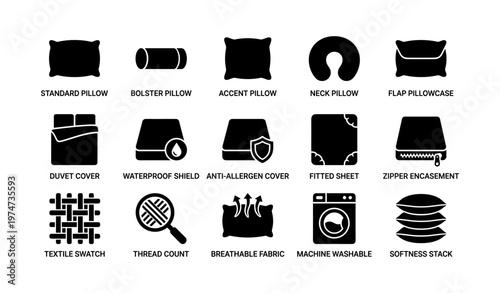 Icon set of various pillow and bedding types with features