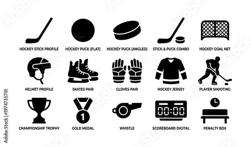Hockey equipment icons: sticks, pucks, skates, gear, and accessories
