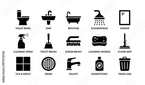 Bathroom and cleaning icons: toilet, sink, bathtub, showerhead, and more