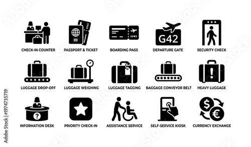 Airport icons: check-in, boarding pass, departure gate, security check, luggage services