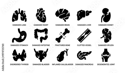 Silhouetted medical icons of damaged human organs