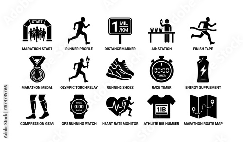 Marathon race icons: runner, distance, finish, medal, timer, energy, shoes