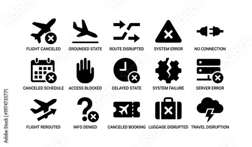 Flight and travel system disruption icons set illustrating various error states