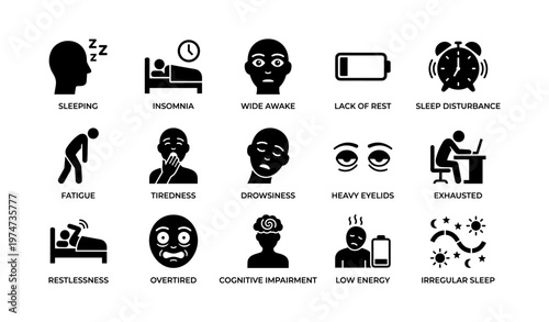Sleep deprivation icons: fatigue, insomnia, exhaustion, drowsiness, low energy