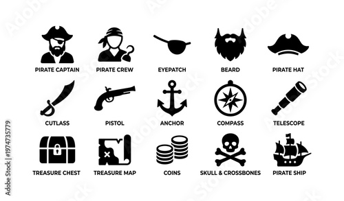 Pirate icons set: captain, crew, eyepatch, beard, hat, cutlass, pistol, anchor
