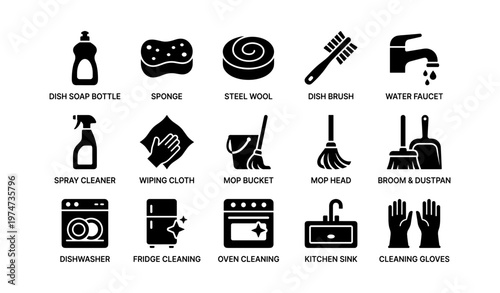 Essential kitchen cleaning tools: icons of soap, sponge, broom, and more