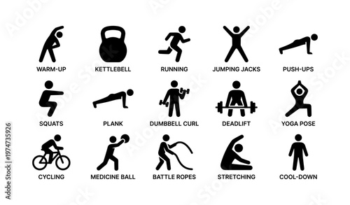Silhouette icons of fitness exercises and equipment on white background