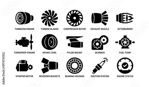 Aircraft engine components: turbofan, turbine, gearbox, ignition system, engine status icons