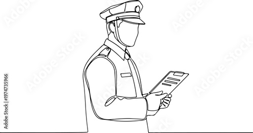Continuous one line of a field officer holding a clipboard, inspection and supervision symbol, hand drawing style vector illustration.