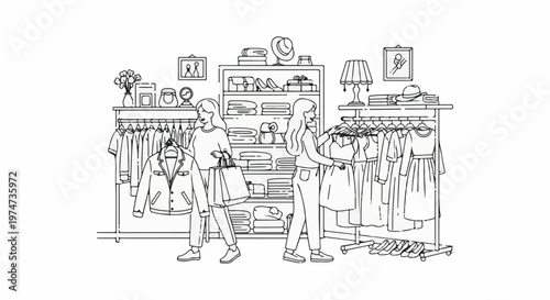 Two women shopping for clothes in a boutique with racks and shelves