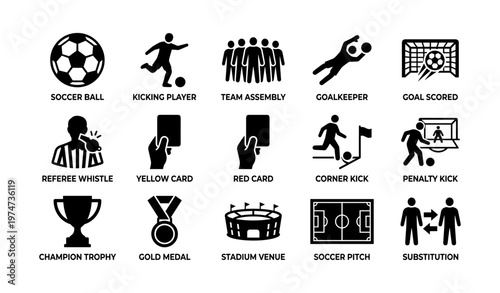 Soccer icon set: referee whistle, yellow card, goalkeeper, trophy, stadium
