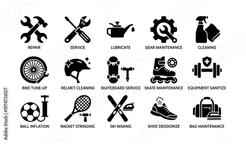 Icons for maintenance and cleaning services: tools, gear, and equipment
