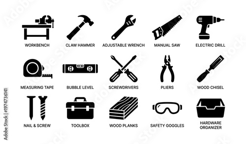 Silhouette icons of essential workshop tools and equipment